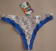 DESIGUAL białe majtki stringi napisy logo niebieska koronka L 40