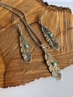 Naszyjnik kolczyki Boho Etno Piórko Piórka Turkus