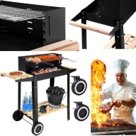 GRILL OGRODOWY WĘGLOWY DUŻY RUSZT STALOWY PÓŁKI DREWNIANE 4 POZIOMY ROŻEN