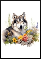 A2 PLAKAT PIES W KWIATACH RASA ALASKAN MALAMUTE