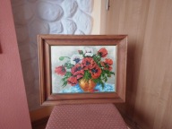 Śliczny obraz z buketem maków w drewnianej ramie 51cm x 41 cm !!