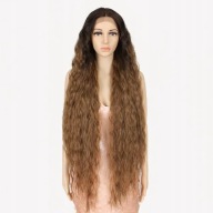 Realistyczna peruka lace front 90cm długie kręcone brązowe włosy falowane