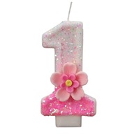Świeczka Cyfra 1 Kwiatek Różowa Brokatowa na Roczek na tort urodzinowy