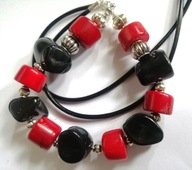 Koral czerwony, lawa i stare srebro - naszyjnik vintage