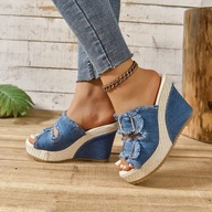 klapki jeans z klamrami na platformie, nowe 38