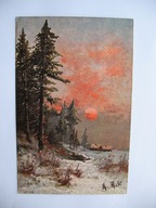 ZAGINIONY ŚWIAT ZIMOWY ZACHÓD SŁOŃCA CHATKI przedwojenna POCZTÓWKA