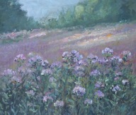 Akwarela Sabina Salamon 30x35 pejzaż łąka pod lasem zachód