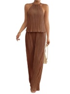 Letni Komplet Old Money Damski – Plisowany Bezrękawnik i Szerokie Spodnie