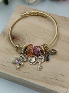 Złota bransoletka typu charms, klucz serce kryształki stal 316 L