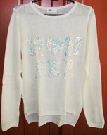 Sweterek damski luźny splot napis z cekinów rozcięcia boków 38