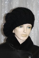 CZAPKA beret z pomponem RĘKODZIEŁO moher czarny XL