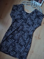 c&a m 38 sukienka dzianinowa prosta midi czarna biała listki krótki rękawek