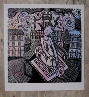 Na Rynku Wielkim. 30 × 30 cm. 2025 r. (linoryt kol.)