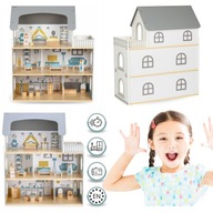 BIAŁY, DUŻY DREWNIANY DOMEK DLA LALEK Z TARASEM I AKCESORIAMI MAMABRUM 70cm