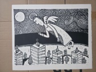 Anioł nad miastem. 40,4 x 30 cm. 2023 r. (linoryt)