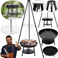 GRILL WĘGLOWY OGRODOWY 152CM TRÓJNÓG STALOWY RUSZT 46CM+PALENISKO,REGULACJA