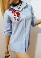 RED QUEEN BIAŁO-NIEBIESKA BLUZKA KOSZULA W PASKI KOŁNIERZYK HAFTY L