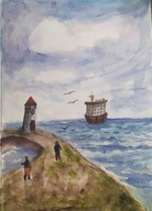 Akwarela, obraz, obrazek marynistyczny, latarnia morska