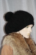 CZAPKA beret z pomponem RĘKODZIEŁO moher czarny