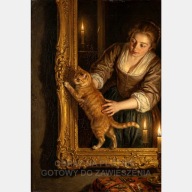 Kobieta ze starego olejnego obrazu łapie kota na złotej ramie 55x80 sztuka