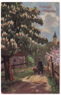 Kwitnący kasztanowiec i sad droga mężczyzna z psem ok.1910r Zielone Światki