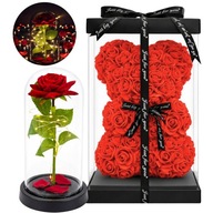 ZESTAW NA WALENTYNKI DUŻY MIŚ Z RÓŻ 25cm + WIECZNA RÓŻA W SZKLE LED PREZENT