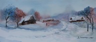 Zimowy dzień ,chaty pejzaż Akwarela Sabina Salamon 45x20
