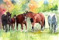 = Obraz =scena rodzajowa=akwarela=KONIE=