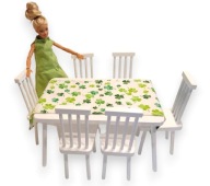 Duży komplet mebelków drewnianych dla lalek stół z krzesłami Vintage 8el.