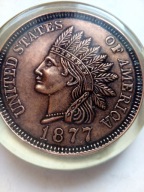 moneta 1 cent USA z indianinem 1877, duża, jako przycisk na biurko