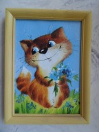 Uśmiechnięty kotek - obraz ręcznie malowany w ramie 19,7 x 14,7cm