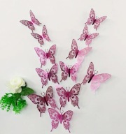 WOW Cudne Duże Mieniące Motyle 3D Magenta Mocny Róż Ażurowe koronka 12 szt