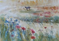 pejzaż łąka pod lasem Akwarela Sabina Salamon 30x42