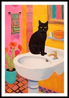 A2 KOLOROWY PLAKAT DO ŁAZIENKI TOALETY WC CZARNY KOT NA UMYWALCE, HUMOR