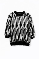 Biało-czarny sweter vintage w geometryczne wzory, luźny krój, rozmiar M