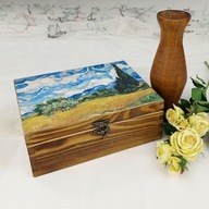 Drewniana szkatułka - cyprysy Van Gogha - rękodzieło