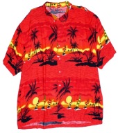 Piękna KOSZULA_czerwona HAWAJSKA palmy zachód słońca ocean 100% wiskoza_XXL