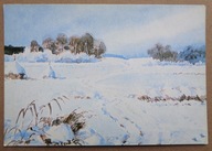 POCZTÓWKA - WIKTOR ZIN - PEJZAŻ POLSKI - ZIMOWY, akwarela, lata 70-te