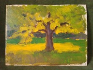 Drzewo na słonecznej polanie - stary ręcznie malowany obraz olejny