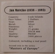 CERTYFIKAT DO MONETY 5 $ 2009 COOK ISLAND - JAN MATEJKO - WERNYHORA