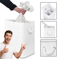 KOSZ BAMBUSOWY NA PRANIE BIELIZNĘ NOWY 100L BIAŁY Z POKRYWĄ DWUKOMOROWY