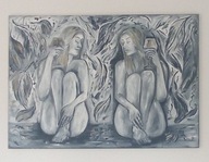 Duży OBRAZ OLEJNY 100x70 "Rozmowy Nocą" A. Reut Certyfikat.