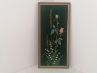 OBRAZ HAFT RĘCZNY NA LNIE RÓŻE KONWALIE VINTAGE syg. H.N. 62r. 22x46