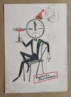 Niemirska PRL Kartka Noworoczna – Zegar z kieliszkiem – humorystyczna