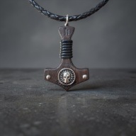 Młot Thora Wisiorek Viking Heban Makasar Skóra 316L Rękodzieło Prezent