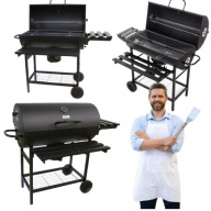 GRILL WĘGLOWY OGRODOWY CHROMOWANy 2xRUSZTY POPIELNIK 2 PÓŁKI TERMOMETR STAL