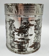 Stara metalowa puszka, z Temidą królami i rycerzami - vintage z duszą