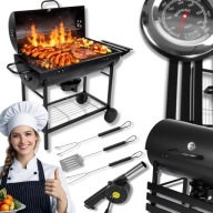GRILL WĘGLOWY DUŻY OGRODOWY Z POKRYWĄ STALOWY TERMOMETR RUSZT + ZESTAW