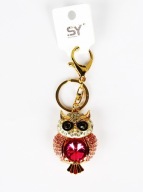 Brelok do torebki kluczy metal mądra sowa cyrkonie kryształ duży różowy