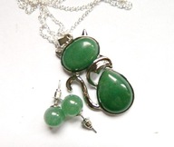 Awenturyn zielony, wisiorek z kotkiem i kolczyk, zestaw biżuterii